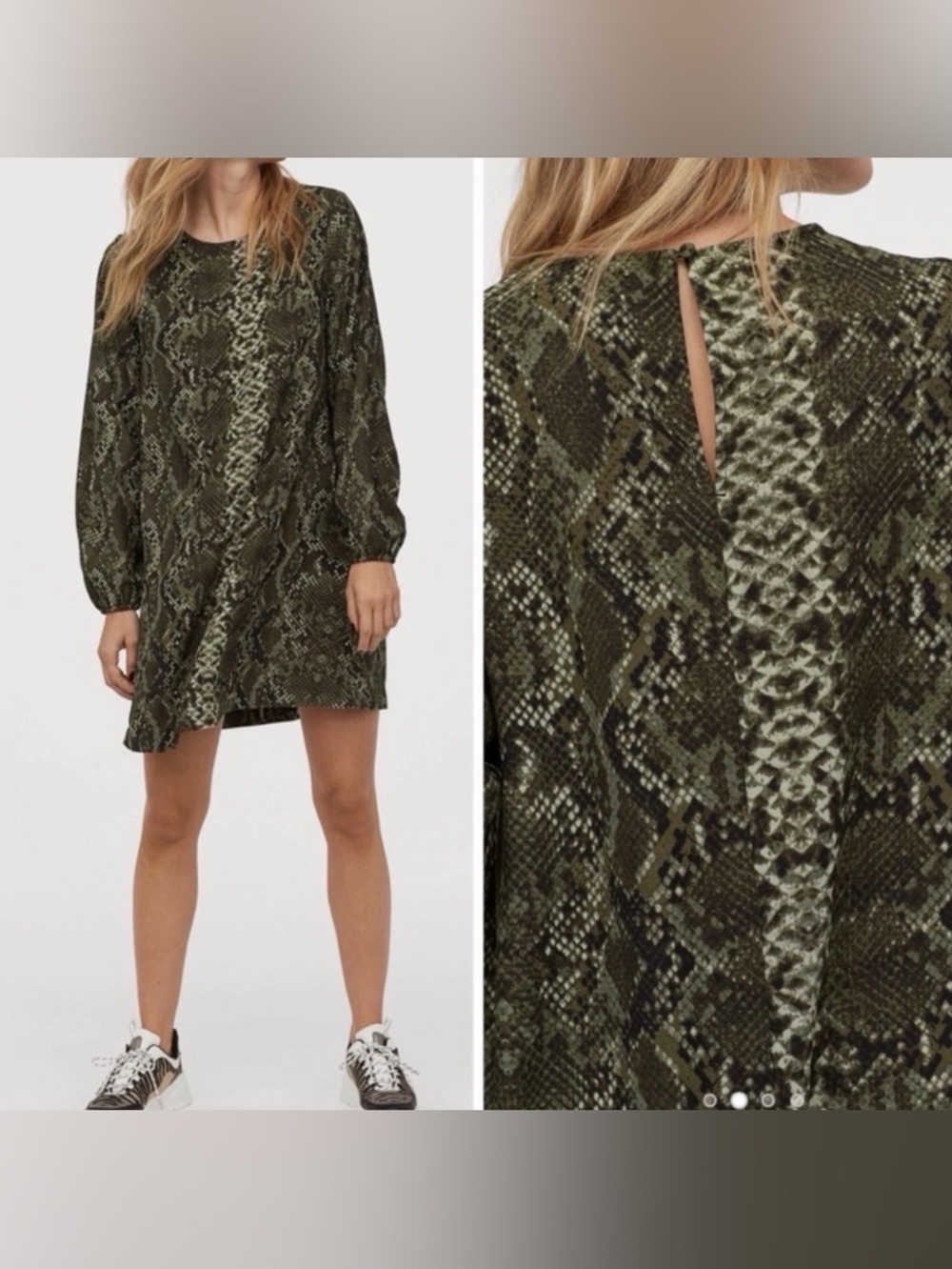H&M Snakeskin Print Shift Dress Size 12 Long Sleeve Brown Grey Animal Grunch